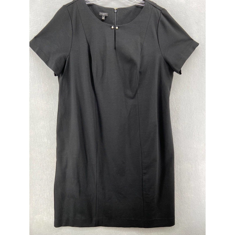 Talbots Woman Dress Sz 16W Sheath Black Pearl Detail Keyhole Neck Pleats Classy